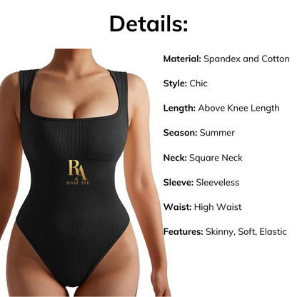 Rose Avenue Body Suit for Women - Summer Bodysuit Elegant Square Neck Bodysuit for Women Tummy Control Playsuit with High Elasticity Breathable Fabric Summer