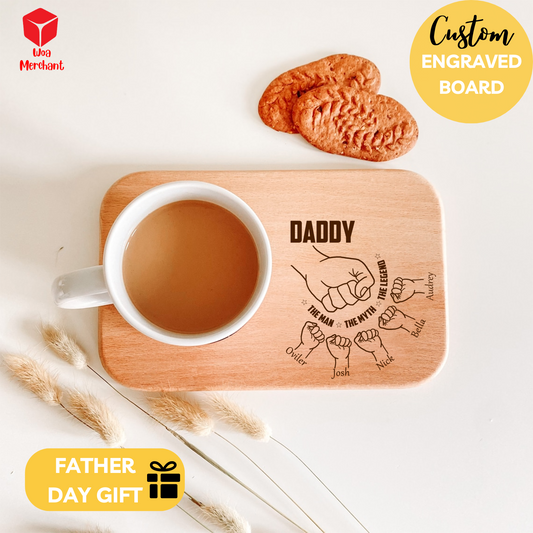 Father's Day Gift | Dad's x Kids coffee and treats engraved board | Personalized tea & biscuits board | Daddy birthday Gift | Son Daughter